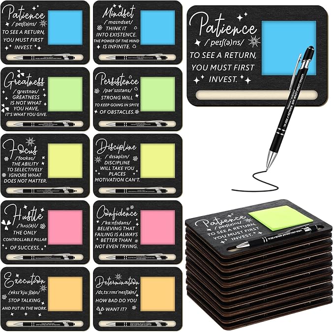 Kosiz 10 Set Back to School Teacher Gifts Bulk Wooden Black Motivational Sticky Note Holder with Notes and Ballpoint Pen Thank You Appreciation Gifts for Teacher Back to School Party Supplies
