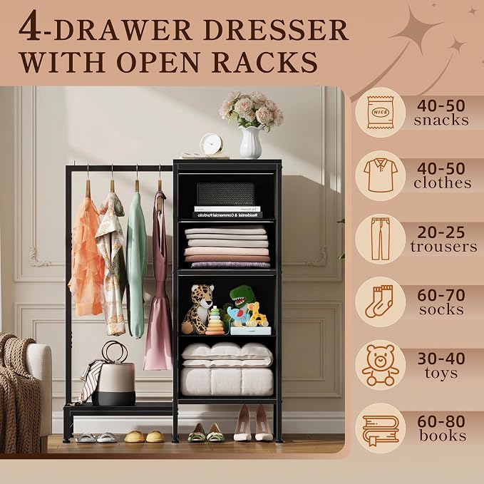 HIGDBFE Tall Dresser 44''H with Hanging Rack, 4 Drawers Small Closet Dresser for Bedroom, Reversible Fabric Chest of Drawers with Clothes Rack, Tall Storage Tower, Sturdy Frame, Black