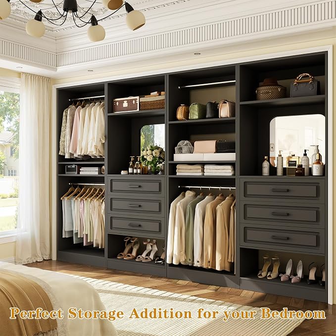 Unikito Closet System with Drawers, 100” Wood Closet Organizer with Hanging Rods and Mirror, Large Walk in Wardrobe Garment Rack with Adjustable Shelves, Sturdy Freestanding Closet Tower, Black