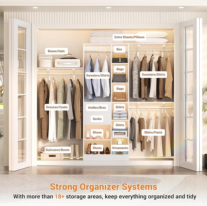 Armocity 8FT Heavy Duty Wood Closet System, 1500 LBS+ Capacity Wall Mounted Walk-in Closet Organizer with 2 Drawers & 4 Hanging Rods, 96'' Custom Bedroom Storage Wardrobe, White