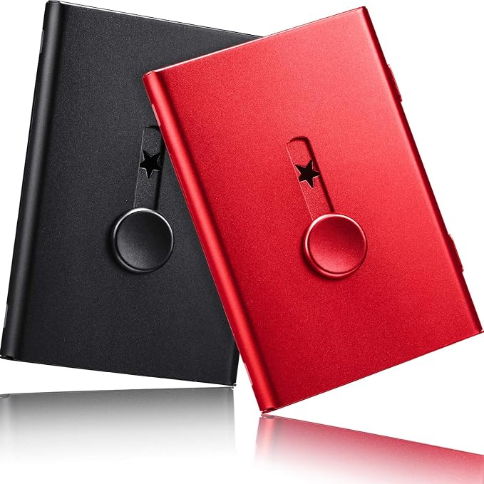 Tatuo 2 Pcs Business Card Holder Thumb Drive Black Red Stainless Steel Business Name Card Case Portable Slide out Name Holder Wallet Nice Design Pocket for Men and Women