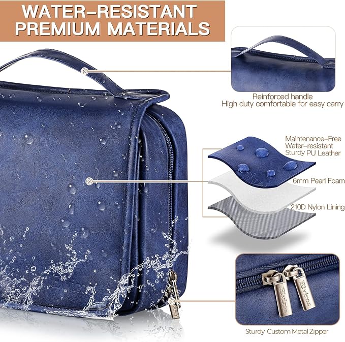 Elviros Hanging Toiletry Bag for Men PU Leather Shaving Dopp Kit (Blue) | 3-in-1 Waterproof Travel Organizer with Separate Compartments for Grooming Items, Toiletries, and Daily Essentials