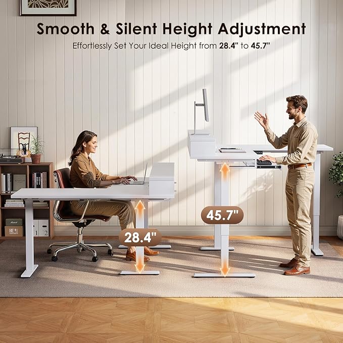 OffiGo 59 Inch L Shaped Electric Standing Desk with Drawers, White | Monitor Stand, Keyboard Tray, Fabric Drawer, Power Outlets, Height Adjustable Corner Stand Up Desk for Organized Home Office