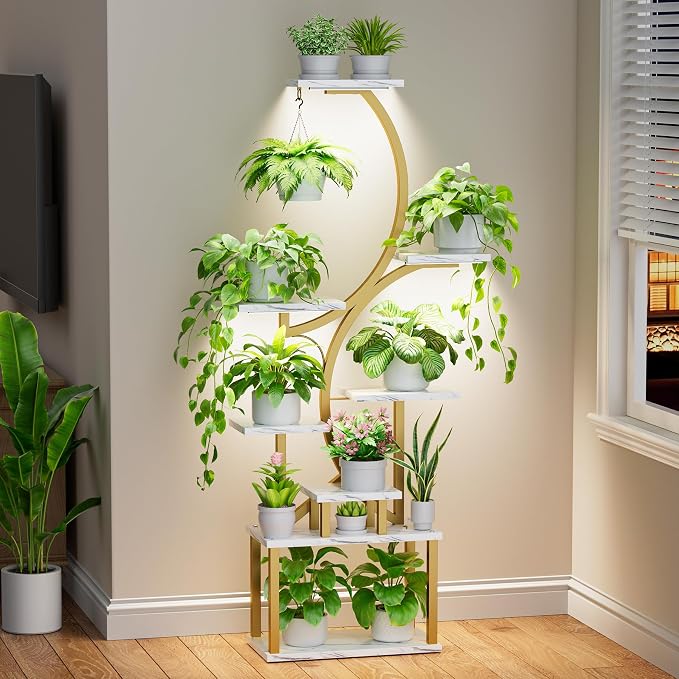 Plant Stand with Grow Lights for Indoor Plants, 8-Tiered Tall Corner Plant Shelf with Full Spectrum Light, S-Shaped Space-Saving Narrow Flower Holder, Anti-Tip for Living Room Bedroom, Faux Marble