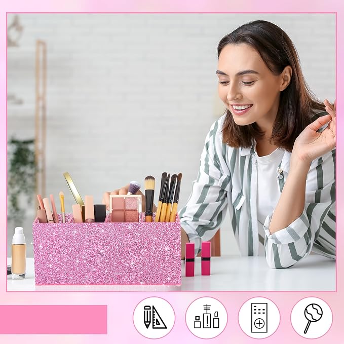 Jetec Acrylic Glitter Pink Pen Holder 4 Compartments Bling Makeup Brush Stationery Organizer Pencil Holder for Desk Accessories Sparkly Gifts for Women Back to School Birthday Desktop Workplace Office