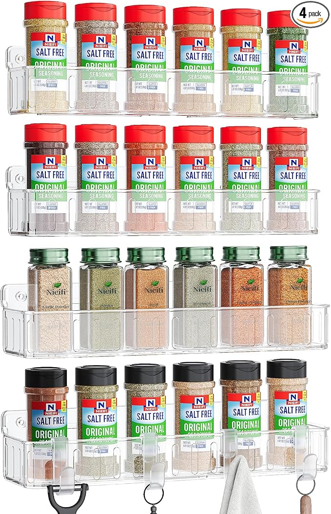 Nieifi Spice Rack Wall Mount, 4 Pack, Clear, 2 Inch Depth, Screw or Adhesive Installation, Spice Rack Organizer for Small Spice Jars, Suitable for Kitchen Cabinet or Pantry Door