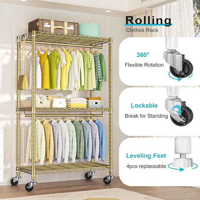 FUTASSI P3 Rolling Clothes Rack, Clothing Racks for Hanging Clothes, Heavy Duty Garment Rack with Wheels, Freestanding Portable Closet Racks 39.4'' W x 14'' D x 78.5'' H, Max Load 470 LBS, Gold