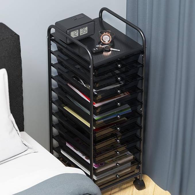Simple Houseware 10 Drawers Rolling Utility Cart Organizer, Black | 1-Column, 36" Height, Lockable Wheels, for School, Office, Art Craft, and Paper Storage