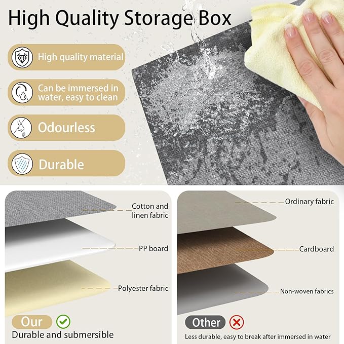 Yawinhe Storage Bins with Lids, Fabric Foldable Boxes, Washable and Leather Handle, Cube Organizer Basket for Home, Closet, White/Grey, 17.7''Lx11.8''Wx11.8''H, 1-Pack, USNK024WGX-1