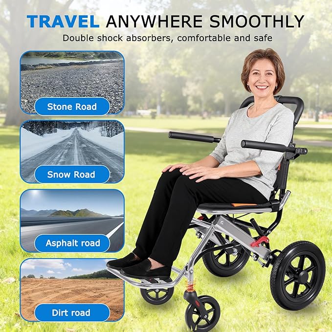 Ultra Lightweight Foldable Wheelchair, Only 19.8 lbs, Airline Approved, 300 lbs Capacity, One-Second Fold, All-Terrain Wheels, Compact Transport Chair for Adults Seniors (Black-Orange)