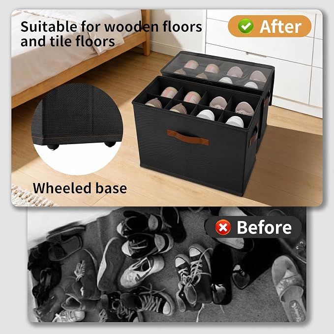 EE-RoomWorld 2 Pack rolling shoe rack on wheels,No Assemble Required shoe organizer for closet with wheels，Adjustable Dividers Fits 16 Pairs,boot Storage Bins with Reinforced Handle