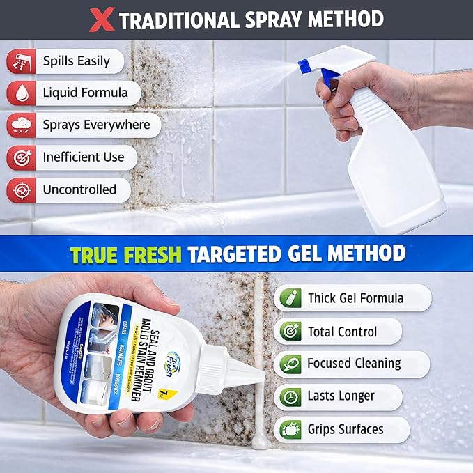 True Fresh Heavy Duty Mold Stain Remover Gel, 7 oz | Powerful Cleaner, For Front Loader Washing Machine Seals, Bathroom Grout, Shower Caulking, Tiles & More