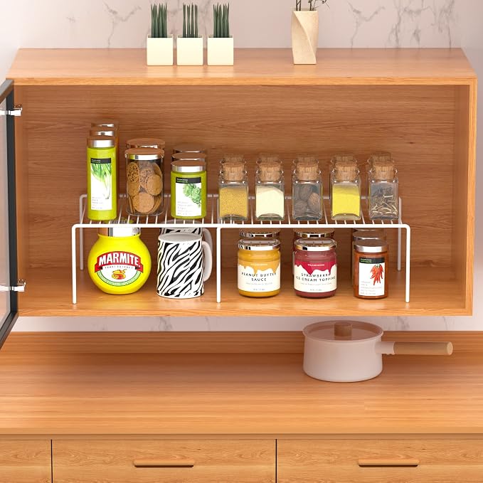 iPEGTOP Freezer Cabinet Storage Shelf Set of 4, 8 Pieces Expandable Metal Rustproof Spice Rack, Adjustable Kitchen Organizer Counter Fridge Pantry Shelf Space Saver (White)