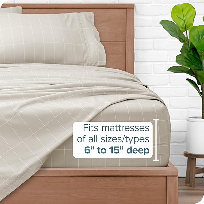 Bare Home Twin Sheet Set - Luxury 1800 Ultra- Soft Double Brushed Microfiber - Deep Pockets - Easy Fit - 3 Piece Bedding Sheet Set (Twin, Grid - Stone/White)