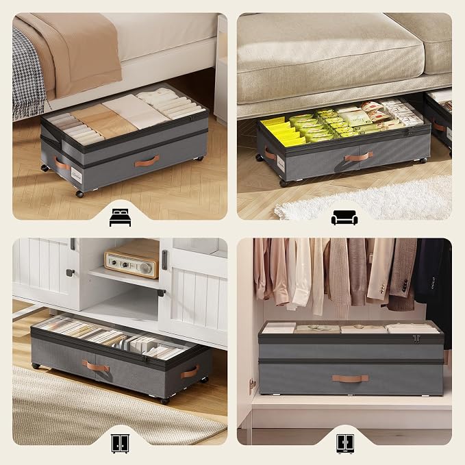Yecaye 90L Under Bed Storage with Wheels, 8 in-11 in Height Adjustable Under Bed Storage Containers, Under Bed Shoe Storage with Lids & Label, Rolling Underbed Storage bins for Clothes, Toys, Grey