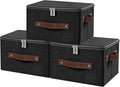 ANMINY Small Fabric Storage Box Bins with Zipper Lid, Washable Black, 3PCS | Cotton Linen Fabric, PP Board Frame, Label Holder, Stackable & Foldable, PU Handles, Dual-Zipper 3-Side Open Lid