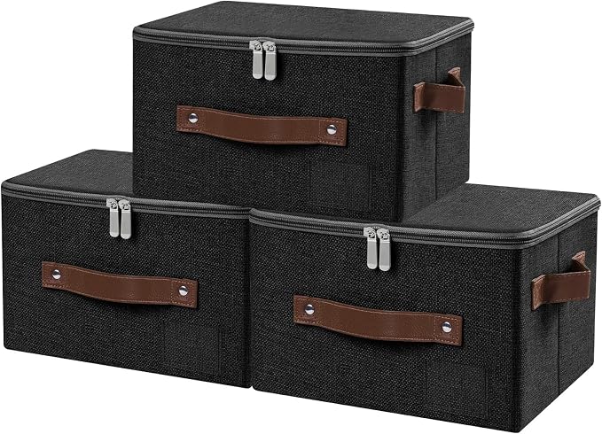 ANMINY Small Fabric Storage Box Bins with Zipper Lid, Washable Black, 3PCS | Cotton Linen Fabric, PP Board Frame, Label Holder, Stackable & Foldable, PU Handles, Dual-Zipper 3-Side Open Lid