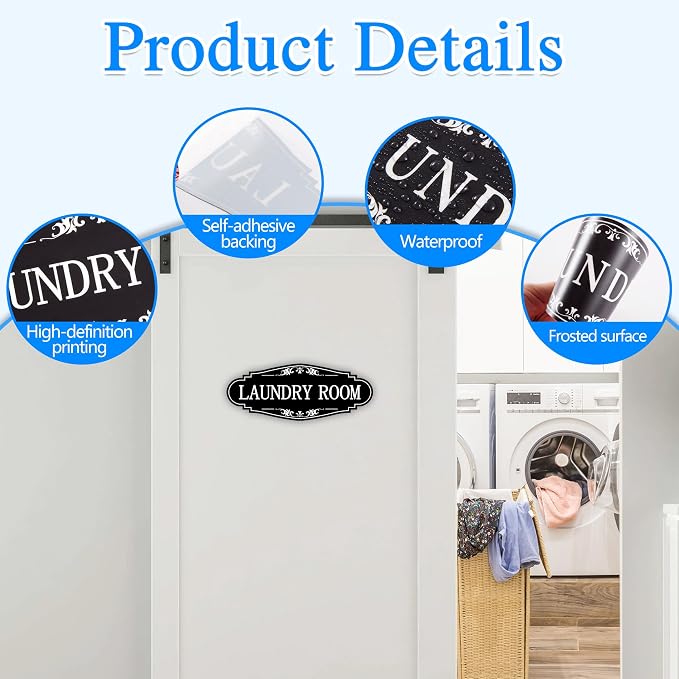 Laundry Room Door Sign for Business and Home，Self-adhesive Waterproof Cute Laundry Room Door Sticker Decals for House, Apartment, Hotel Laundromat Decor（Black）