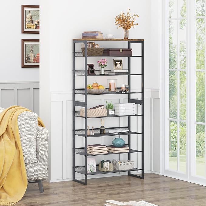 Garden 4 you Shoe Rack 8 Tiers Shoe Storage Organizer,Large Capacity Storage Rack with Brown Wooden Tabletop,Adjustable Metal Shelf Stackable Shoe Shelf for Entryway Hallway Living Room Closet
