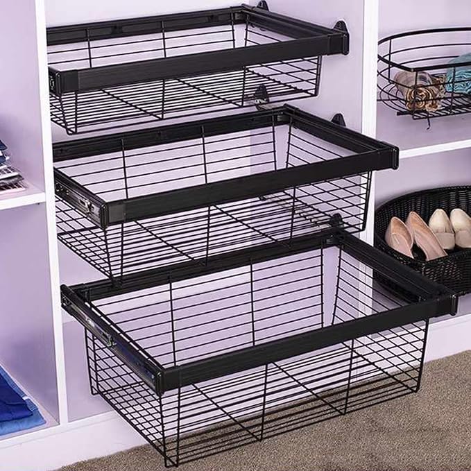Pull Out Cabinet Storage Basket 1 Piece,Stackable Detachable Baskets,Metal Wire Mesh Storage Basket Organizer,for Kitchen Office Wardrobes Cupboard,Bearing Capacity 30kg(Black,460x764x170mm)