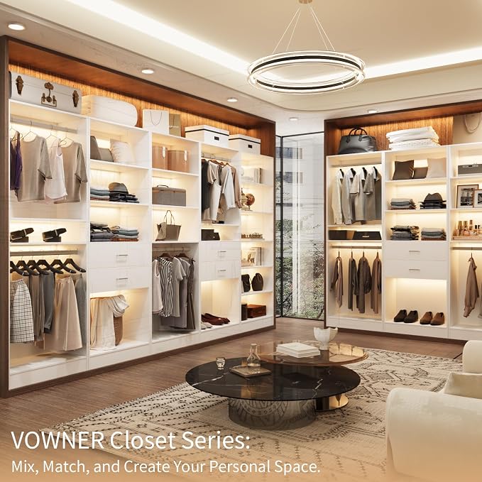 VOWNER 50'' Freestanding Closet System with 10 Adjustable Shelves, Wood Walk-in Closet Organizer System, Clothes Garment Rack, Adjustable Shelving Unit, Small Wardrobe Closet Bedroom Entryway