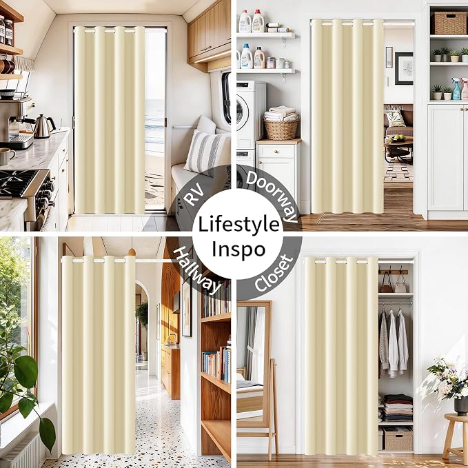 Vatge Magnetic Door Curtain with Rod - W52 x L78, 1 Panel, Light Beige | Door Curtain for Doorways, Room Divider for Laundry