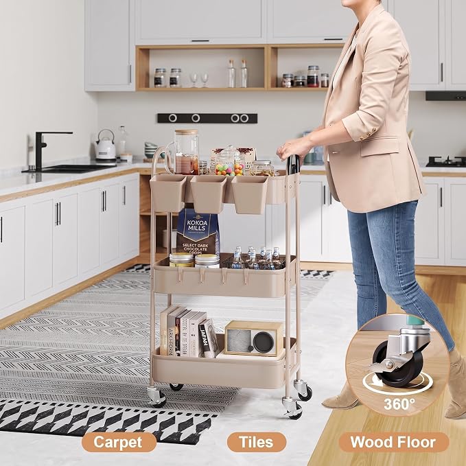3 Tier Khaki Metal Utility Rolling Cart, Storage Cart with Handle and Lockable Wheels, Multifunctional Organizer Trolley with Mesh Storage Baskets for Kitchen, Office, Living Room, Laundry, Garage