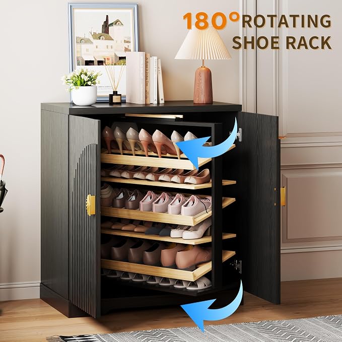 Vlsrka Rotating Shoe Storage Cabinet with Doors and 6 Tier Shelves, Black | Suitable for 18 Pairs Shoe Organizer, Freestanding, Pull Out Shoe Rack, Wooden Entryway Cabinet for Hallway, Closet, Indoor