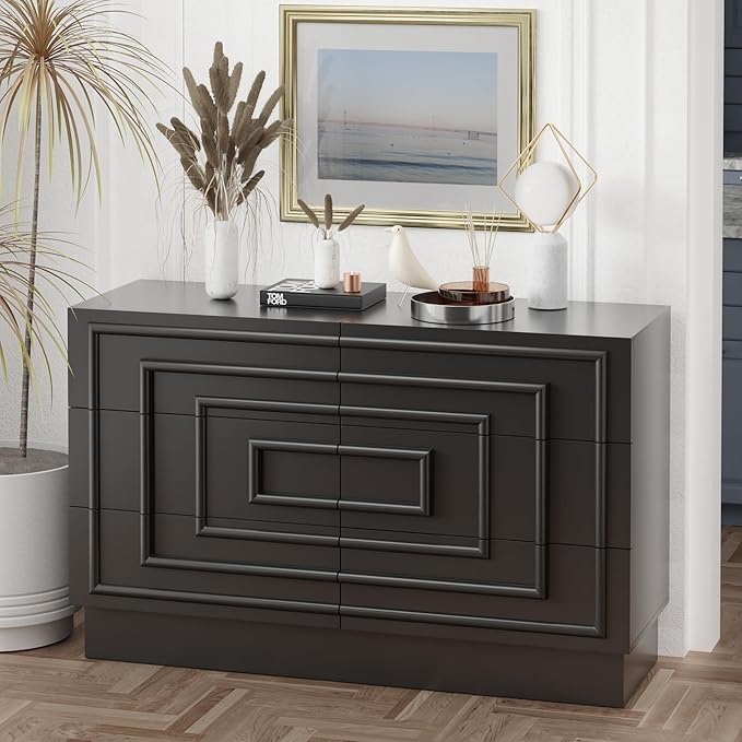 Aoikax Modern 6-Drawer Dresser, Sculptural Mid-Century Drawer of Chest with Geometric Square Pattern, Contemporary Accent Dresser for Bedroom, Living Room, Black