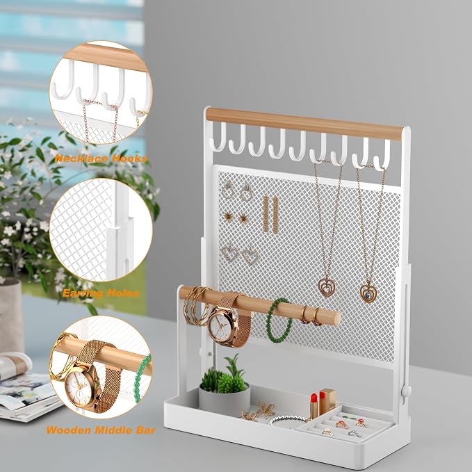 Jewelry Organizer Stand with Velvet Ring Holder, Liftable Necklace Holder with Earring Organizer Net, 9 Hooks Necklaces Storage Wooden Handing Bar for Bracelets Watches Rings (White)