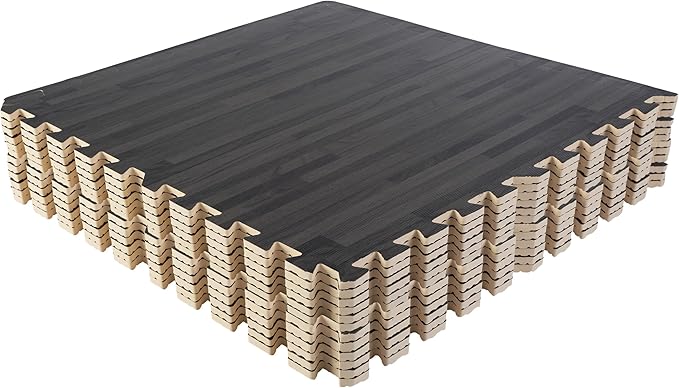 EVA Foam Floor Tiles 12-Pack - 48 SQFT Woodgrain Puzzle Mats for Floor - Interlocking Foam Tiles for Family Room or Gym Flooring by Stalwart (Black)