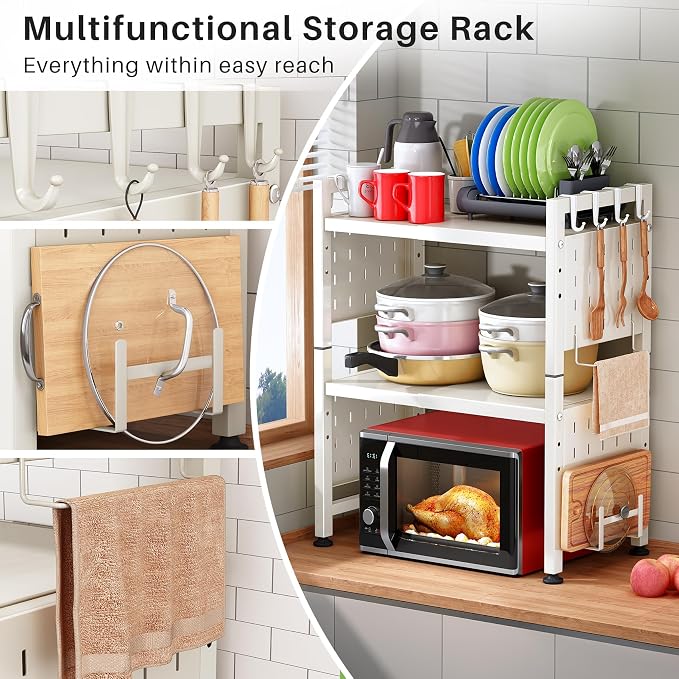 Microwave Stand, 3-Tier Expandable(17.4"-27.4") Microwave Oven Rack, Heavy Duty Adjustable Shelf with 9 hooks, Kitchen Organizer Storage Shelves for Pantry, Countertop, Coffee Bar, Office, Dorm, White