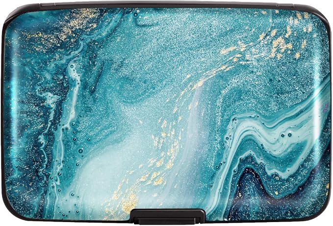 Coco Rossi Credit Card Holder RFID Aluminum Small Mini Wallet Women | Metal Wallet, Business Cards Holder, ID Case, Slim Sleeves, Womens Girls Gift, Carry Proof Wallets for Travel, Teal Marble