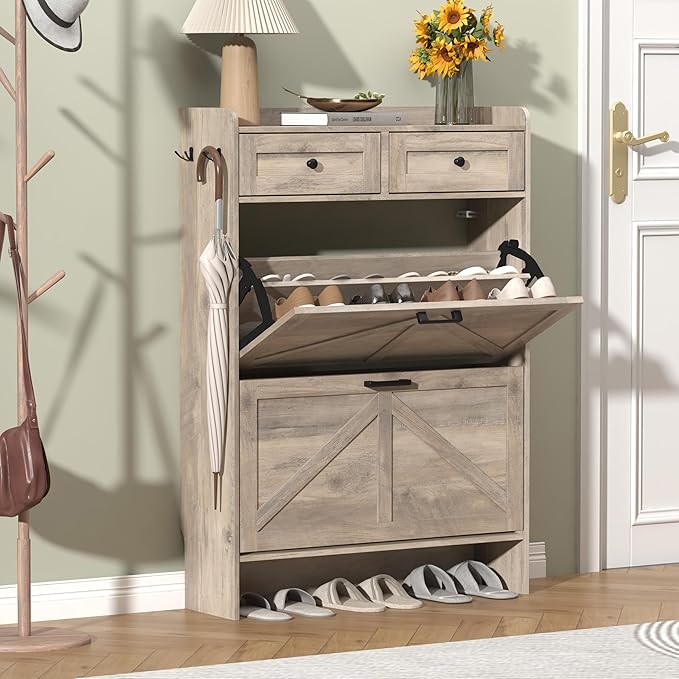 Thacuok Shoe Cabinet with 2 Flip Drawers & 2 Storage Drawers, Rustic Farmhouse Narrow Shoe Organizer Cabinet, Slim Shoe Rack Cabinet, Shoe Storage Cabinet for Entryway, Hallway