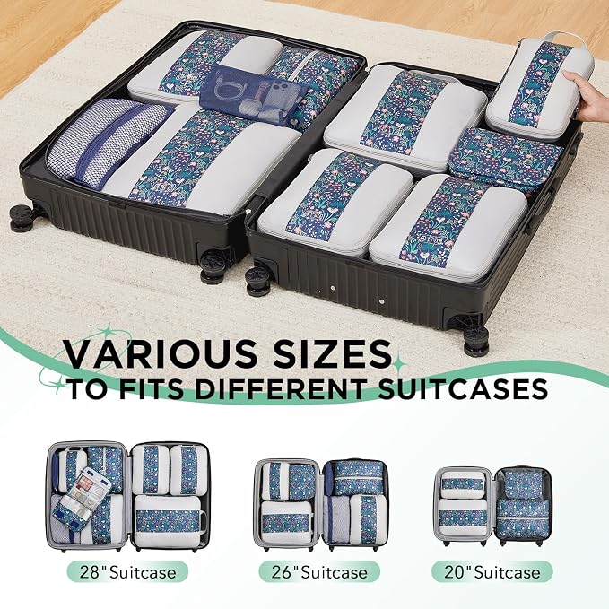 OlarHike 10 Set Compression Packing Cubes for Travel Essentials,Compressible Expandable Space Saver Bags for Organizing Clothes,Luggage Garment Bags with Over 1000 pcs Mesh Holes(Dark Blue Floral)