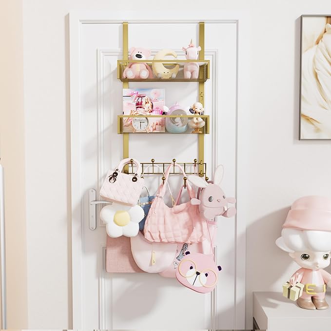 HapiRm Over The Door Hanger with Coat Hooks and 2 Baskets, Rustproof & Waterproof Over The Door Hooks, Storage Organizer for Hats, Bathroom, Kitchen, Bedroom - Gold