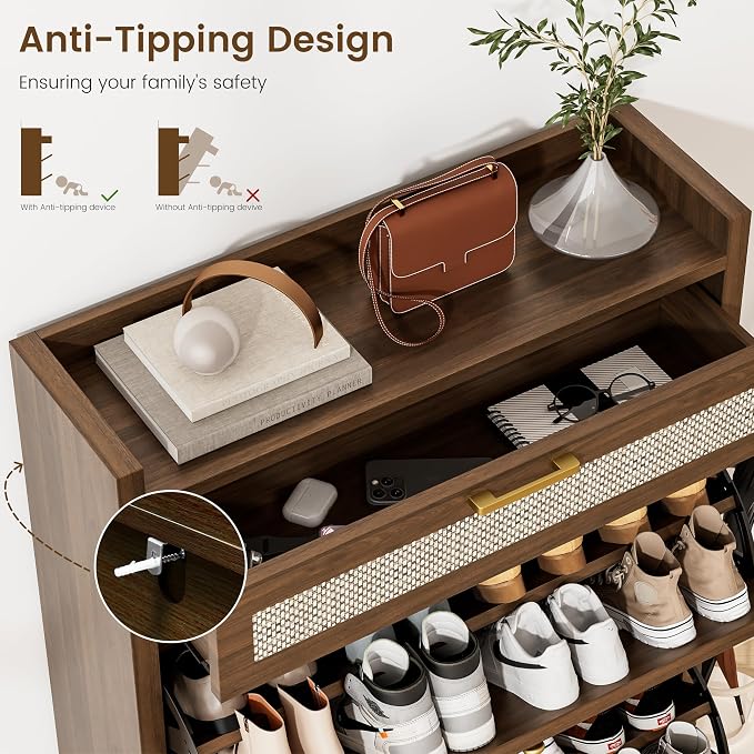 Rattan Shoe Storage Cabinet - Hidden Entryway Shoe Storage with Adjustable Shelf, Slim Shoe Organizer Cabinet with 2 Flip Drawers & 1 Drawer, Modern Shoe Cabinet Storage for Hallway Entrance