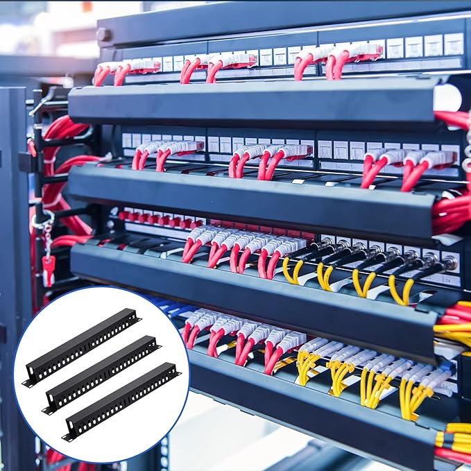 8 Pieces 19 Inch Cable Manager 1U 24 Slot Horizontal Server Rack Mount Cable Management Organizer Raceway Metal Finger Duct with Cover and Screw for Wire Network Wall Cord, Black