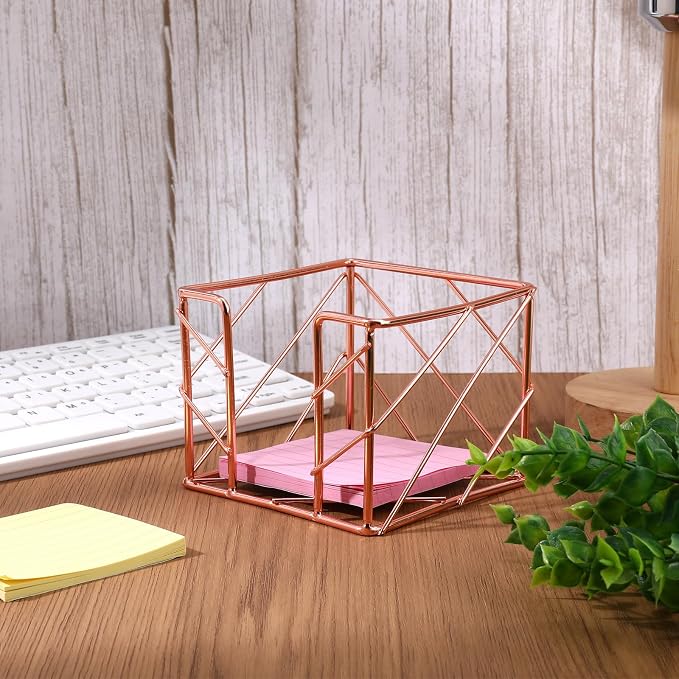 Sticky Note Holder, Multifunctional Sticky Notes Holder 3.9x3.9 Inches Desktop Organizer, Rose Gold Desk Accessories, Metal Gold Office Supplies for Home Office Decor