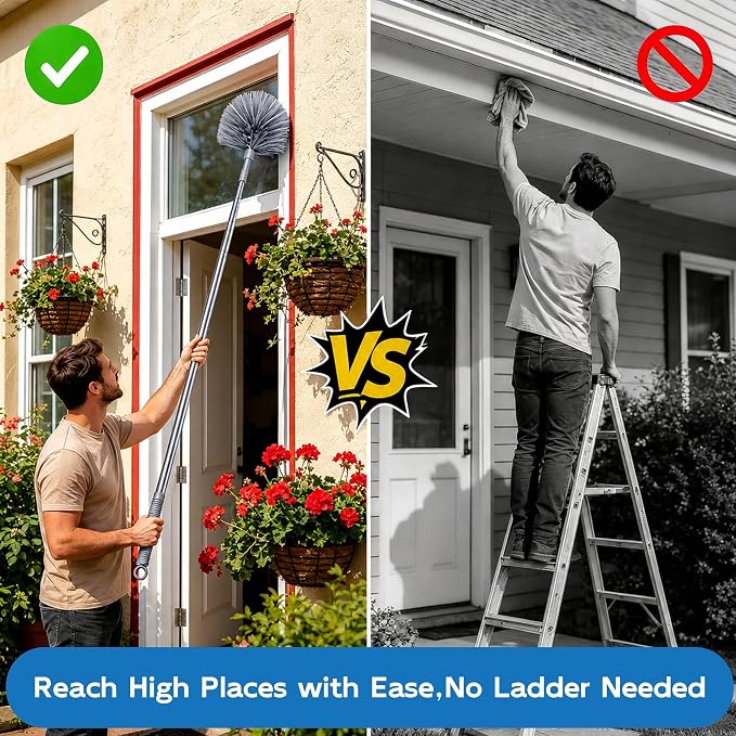 Cobweb Duster with Extension Pole, Upgraded Heavy Duty Thickened Stainless Steel Telescopic Handle for High Ceilings & Ceiling Fans, 90" Total Reach (15.7" Compact), Medium Stiff Bristles (Grey)