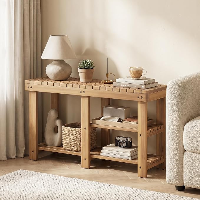 GOFLAME Wooden Shoe Rack Bench, 3-Tier Free Standing Entryway Bench Seat with Slatted Shelves, Shoe Storage Organizer for Entryway, Hallway, Bedroom, Living Room, Small Space, 34"x11"x18"