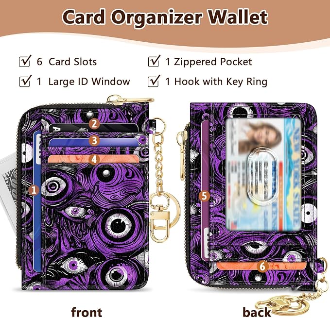 GIANCOMICS Slim Wallet Credit Card Holder Women, Evil Eye Rfid Blocking Small Card Case, Keychain Thin Pocket Curved Zipper Wallet, Travel Card Holder PU Leather ID Window, Ladies Female Gifts