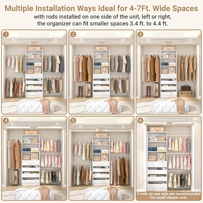 Aheaplus Closet System with 4 Drawers, 3.4-7FT Small Wood Closet Organizer System, Walk-in Closet Wardrobe with Tower and 4 Hang Rods, Built In Closet Insert System, Fits Spaces 4ft, 5ft,6ft,7ft,White
