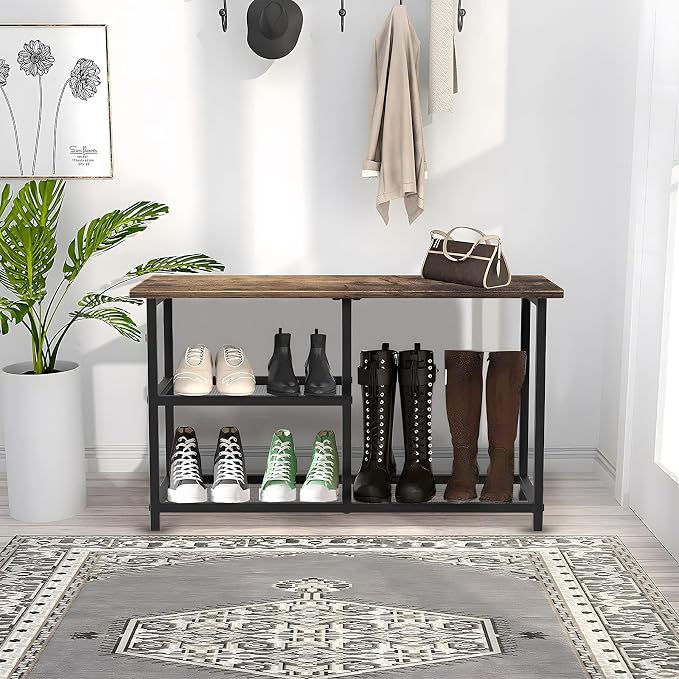 Shoe Rack Bench for Entryway 3-Tier, Free Standing Shoe Racks, Narrow Shoe Rack Shoe Storage Shelf with Boot Organizer, Rustic Shoe Rack for Small Spacesh with Wood Bench
