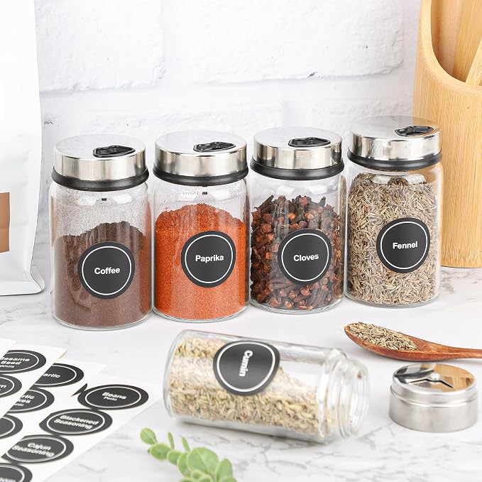 Segarty Preprinted Spice Labels, 432 Round Black Printed Pantry Labels and Blank Stickers with 1 Chalk Marker Set, Reusable Write-on Stickers for Spice Jars Rack, Food Containers, Seasoning Bottles