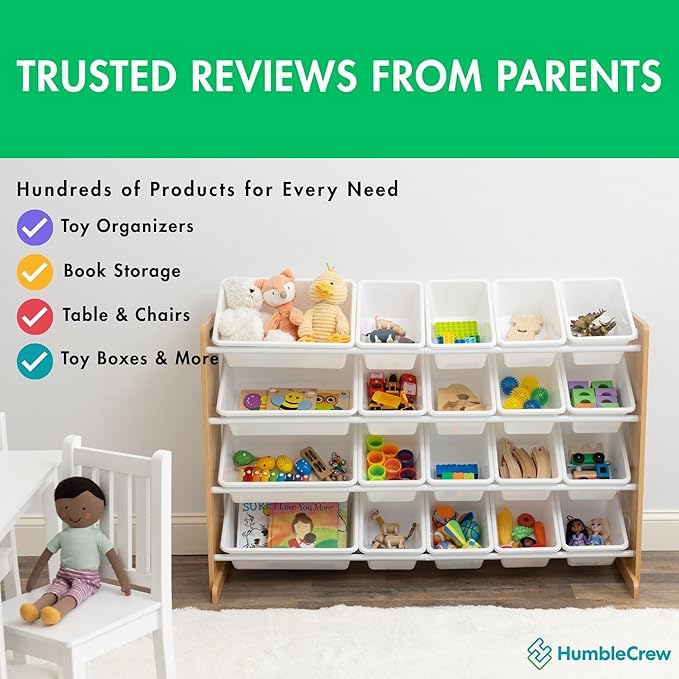 Humble Crew Toy Storage Organizer with 20 Removable Storage Bins for Kids Playroom, 4-Tier Toddler Toy Organization and Storage, Natural/White