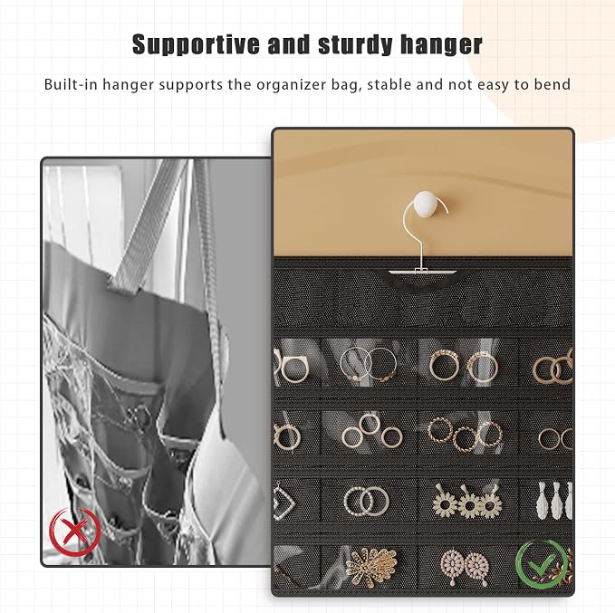 Hanging Jewelry Organizer, 80-Pocket Double-Sided Storage, 1-Pack, Black and Beige