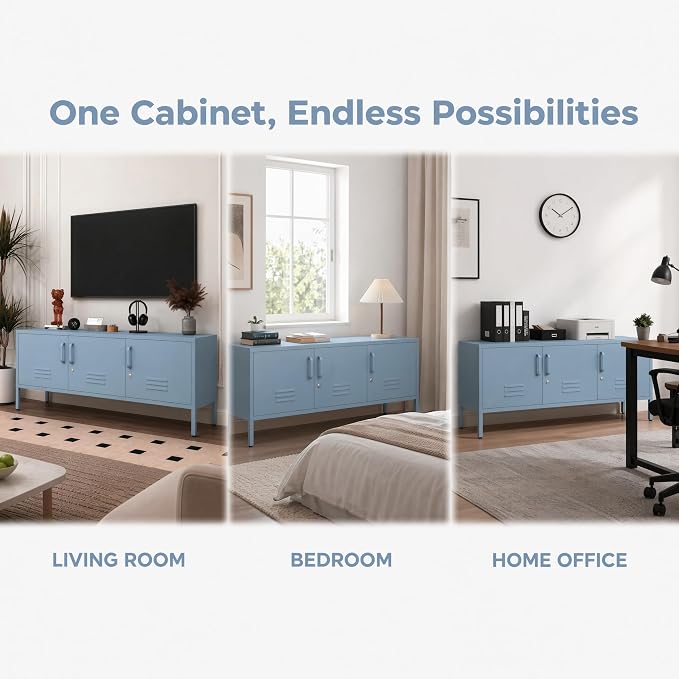 Metal Storage Cabinet-22"Tall Steel TV Stand Cabinet Adjustable Shelves storage locker Lockable Blue Metal Cabinet for Home Office Bedroom Living Room Balcony Entryway Size：22" H X 47.3" W X 13.8" D