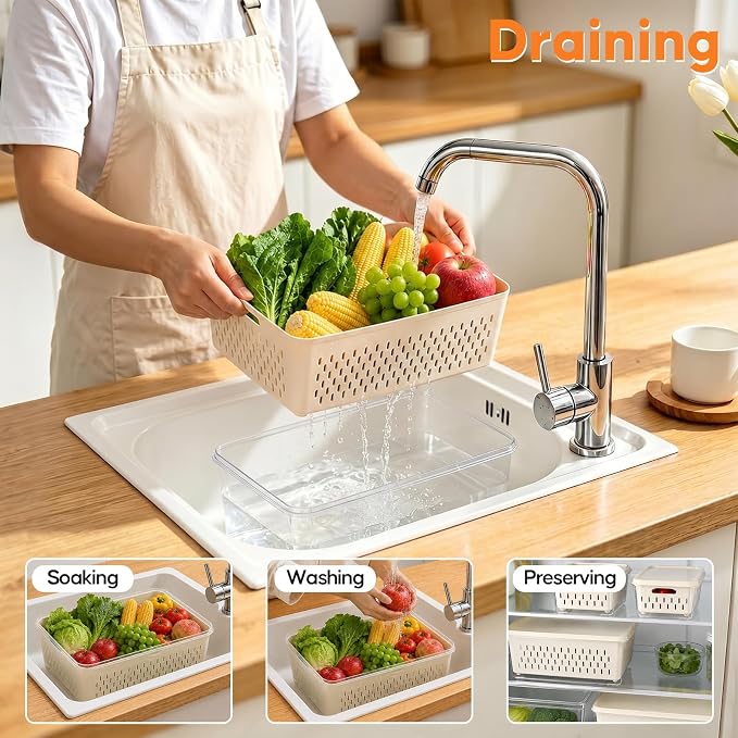 JSCARES Fruit Storage Containers for Fridge with Soft Lid - 4 Pack Food Storage Container with Removable Colander, Airtight Produce Saver Containers Keep Berry, Fruits, Vegetables, Meet Fresh Longer