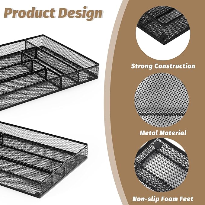 Sedegn Silverware Organizer Metal Mesh, Large Drawer Organizer, Utensil Cutlery Tray for kitchen drawers, Flatware Organizer with 6 Compartment, Black (11.3”*16“)